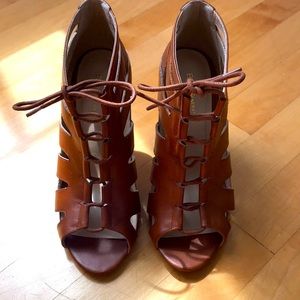 BCBG brown high lace up heel leather sandals